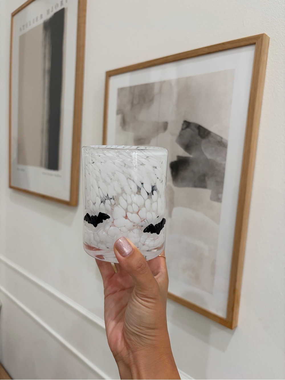 Hand-Blown White Speckled Glasse Tumbler with Black Bat Motif
